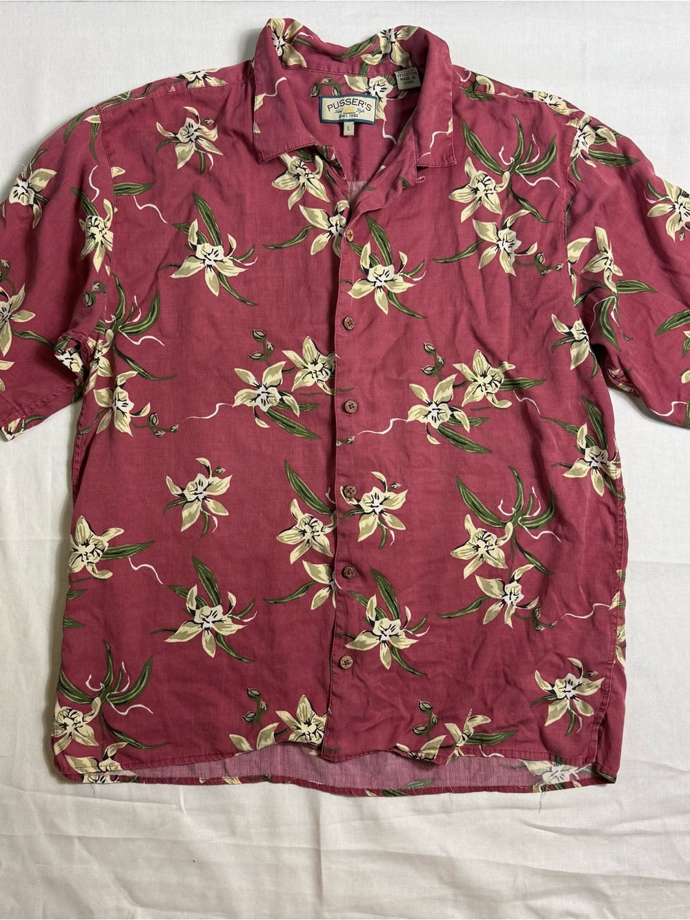 Men's Short-Sleeve Floral Button-Down Shirt - Berry Silk Cotton L